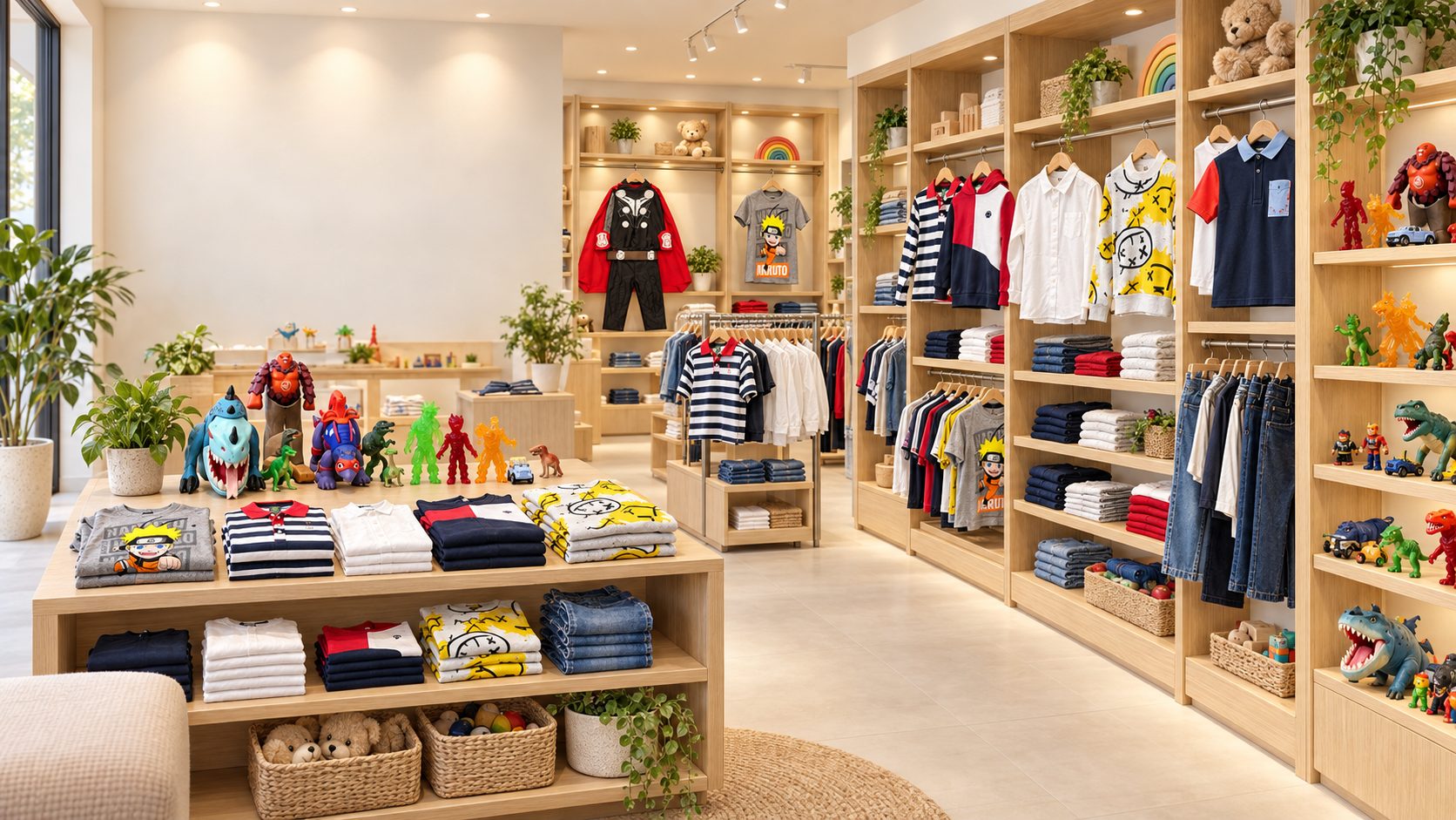 Interior de la tienda de Karina con ropa, tenis y juguetes exhibidos en anaqueles de madera